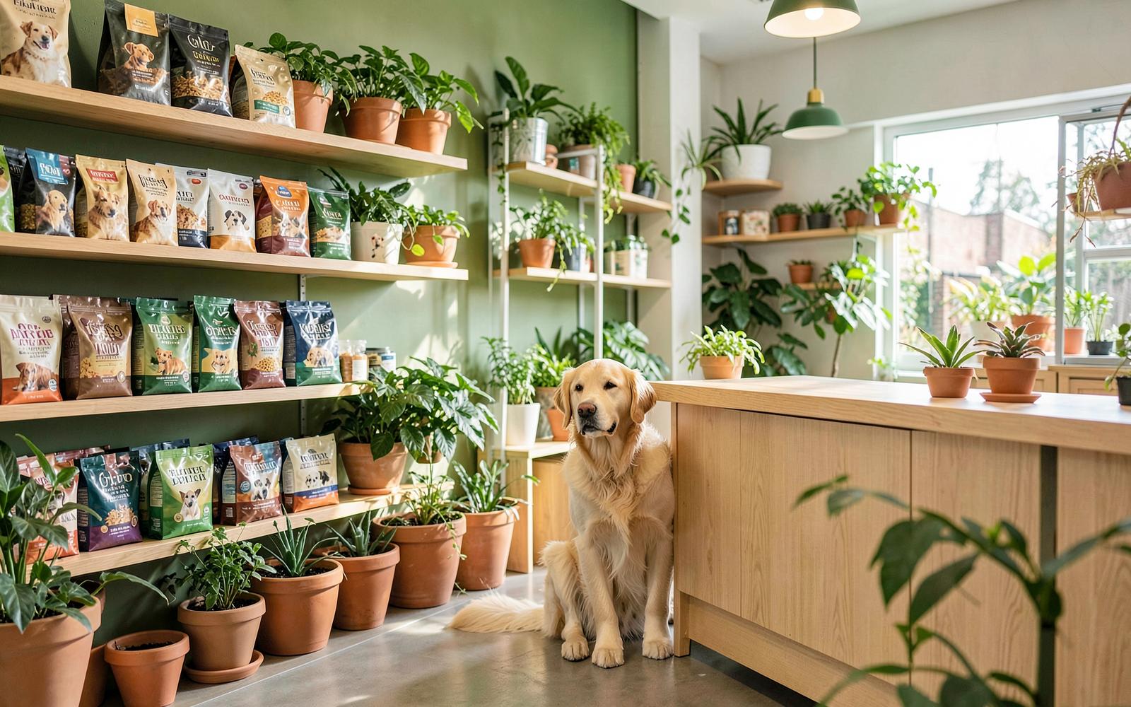 Inside Petline Pet & Garden: shelves of pet food, potted plants and a golden retriever by the counter